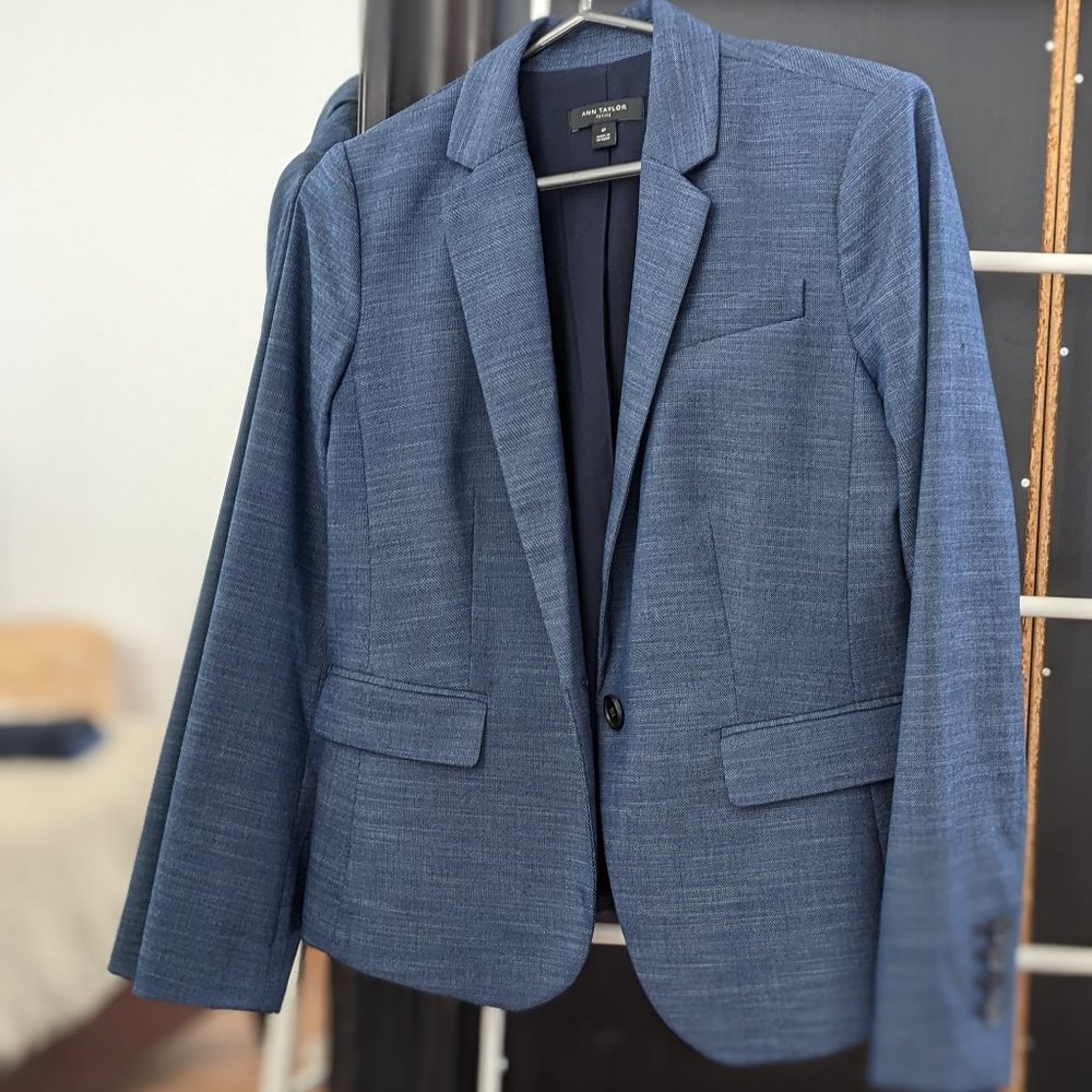 Ann Taylor Petite One-Button Blazer in Woven Blue NWOT 6P